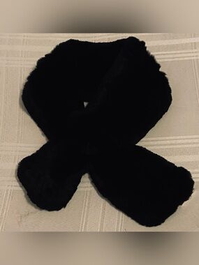 Very difficult to photograph. Pull through Black Fur Scarf with Pom Pom